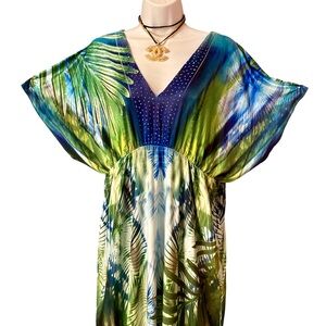 One World Dress midi Palm Design Euc